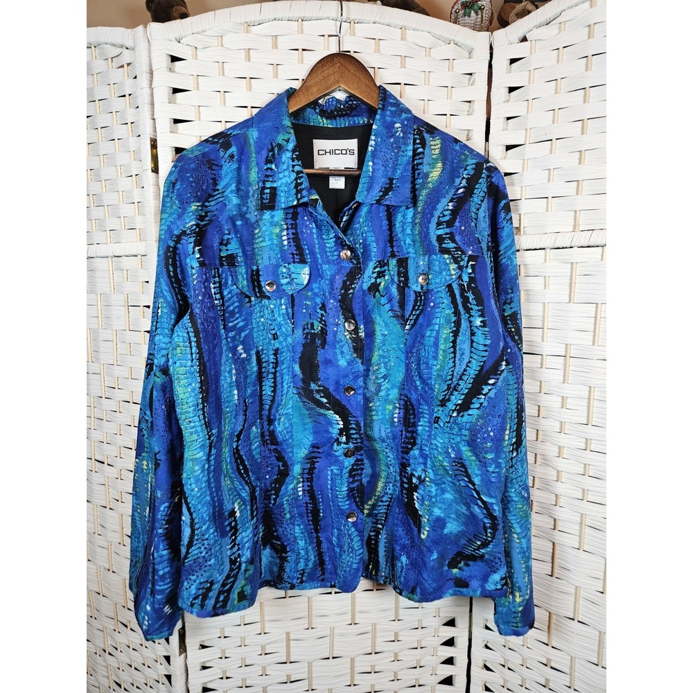 Chico's Womens Size 3 Lightweight Lined Jacket Pockets Blue Sequins Artsy